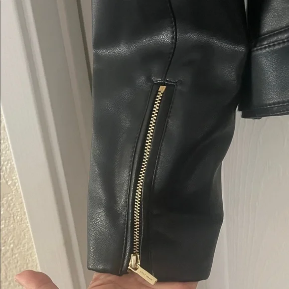 Cole Haan Black Leather Feel Biker Jacket with Gold Accents Zipper - Picture 5 of 13